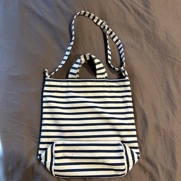 BAGGU Navy and White Striped Duck Canvas Tote - Picture 1 of 2